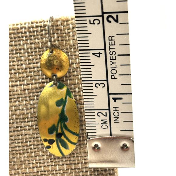 Iridescent Gold Tone Earrings with Abstract Green Design - Picture 5 of 8